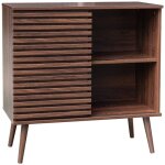 Sweeek - buffet scandinave d�cor bois noyer. buffet haut. vaisselier. avec 1 porte coulissante rainur�e ...