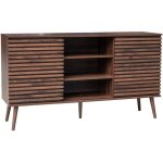 Sweeek - buffet scandinave d�cor bois noyer avec 2 portes coulissantes rainur�es et 4 �tag�res. buffet ...