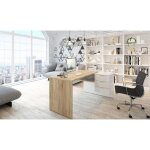 Bureau de bureau 145x108x73h cm avec 3 tiroirs et 1 étagère blanc mat et chêne canadien ? zugo Bureau de bureau 145x108x73h cm avec 3 tiroirs et 1 étagère blanc mat et chêne canadien ? zugo