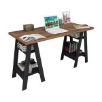 Beaux meubles pas chers - bureau 2 trteaux 4 niches noir et chtaignier l 135 h 75 p 60 cm