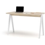Bureau, modle 635, collection colmar, en mlamine chne clair avec pieds et plateau en couleur blanc. ...