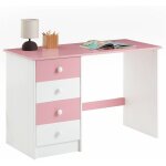 Idimex - bureau arne avec 4 tiroirs, en pin massif lasur blanc et rose