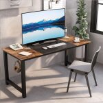 Bureau droit en m�tal 160x60 cm ? support casque int�gr� ? design industriel moderne ? surface en bois ...