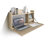 Bureau mural enfant en m�lamine ch�ne clair et blanc ? dimensions 80x42x45. 5cm ? porte rabattable avec ...