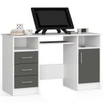 Bureau d'ordinateur akord ana blanc 124 cm 1 porte 3 tiroirs fa�ade gris graphite 5 �tag�res 124x52x74 ...