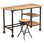 Vidaxl ? bureau gamer avec tabouret pliant en bois de manguier massif 115x50x76cm ? surface polie et ...