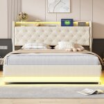 Lit double rembourr� 160 x 200 cm avec �clairage led orientable, avec ports usb et type - c, lit coffre, ...