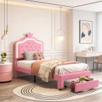 Cadre de lit simple 90x200 cm pour fille, lit enfant 90x200 cm avec tiroirs, t�te de lit couronne r�glable ...