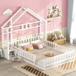 Okwish - lit cabane 140x200 cm, lit double d'enfant avec barrires et tables de chevet, en bois de pin, ...