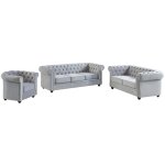 Vente - unique - canapés 3 places 2 places et un fauteuil chesterfield - velours gris clair Vente - unique - canapés 3 places 2 places et un fauteuil chesterfield - velours gris clair