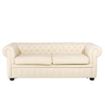 Canapé 3 places en cuir beige assise rembourrée large dossier points chesterfield Canapé 3 places en cuir beige assise rembourrée large dossier points chesterfield