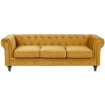 Canapé 3 places en velours jaune assise rembourrée large dossier points chesterfield Canapé 3 places en velours jaune assise rembourrée large dossier points chesterfield