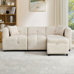 Canap� d'angle convertible 3 places 204x126x69 cm avec pouf amovible, rangements int�gr�s, 2 coussins ...