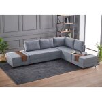 Canap d'angle convertible et 2 poufs tissu tikona 280cm - couleur gris clair - angle droit
