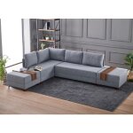 Canapé d'angle convertible et 2 poufs tissu tikona 280cm - couleur gris clair - angle gauche Canapé d'angle convertible et 2 poufs tissu tikona 280cm - couleur gris clair - angle gauche