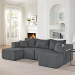 Canap� d'angle modulable 3 places, canap� en l compact avec poufs amovibles, rev�tement en velours c�tel� ...