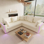 Canap� d?angle modulaire 5 places en velours c�tel� avec leds et ports usb, beige