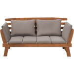 Canapé banc de jardin ou terrasse en bois exotique résistant avec accoudoirs inclinables et coussin taupe ... Canapé banc de jardin ou terrasse en bois exotique résistant avec accoudoirs inclinables et coussin taupe ...