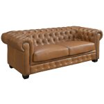 Vente - unique - canapé chesterfield 3 places brenton 100% cuir de buffle premium - caramel vintage Vente - unique - canapé chesterfield 3 places brenton 100% cuir de buffle premium - caramel vintage