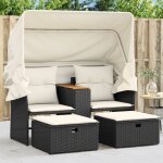 Canap� de jardin 2 places avec auvent et tabourets noir rotin