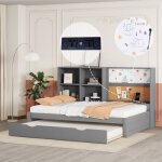 Canap� - lit 90x200 cm avec lit gigogne, chargement usb, planche � dessin et multiple rangements, gris, ...