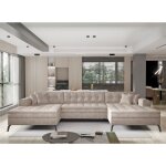 Canapé panoramique convertible en tissu romy - pieds métal noir - beige clair vintage Canapé panoramique convertible en tissu romy - pieds métal noir - beige clair vintage