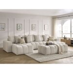 Bobochic - canapé panoramique fixe mont - blanc tissu chiné avec pouf beige Bobochic - canapé panoramique fixe mont - blanc tissu chiné avec pouf beige