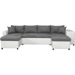 Canap� panoramique oslo convertible avec coffres, poufs � droite en simili blanc et microfibre grise