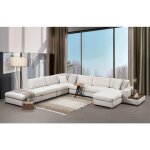Canap� panoramique tissu beige clair avec �tag�re en bois et grande m�ridienne � gauche zabora 374cm