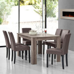 [en. casa] - table � manger en ch�ne ancien avec 6 chaises marron cuir - synth�tique rembourr� 140x90 ...