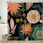 180lx180hcm rideau douche boho, rideau de douche fleur rose bohme feuille vert rideau de baignoire anti ...