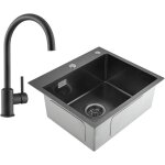 Cecipa - 2 en 1 evier 1 bac 50 x 45 x 18, 5cm noir gris + robinet de cuisine noir - sans distributeur ...