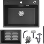 Cecipa - evier 1 bac 60x45cm avec panier de vidange et distributeur de savon gratuits - evier en quartz ...