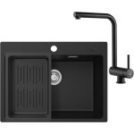 Cecipa - evier cuisine 1 bac 60 x 45 cm avec mitigeur cuisine rabattable, evier noir en granit avec panie ...