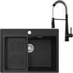 Cecipa - evier cuisine 1 bac 60 x 45 cm avec mitigeur  ressort, evier noir en granit avec panie de vidange, ...