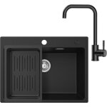 Cecipa evier cuisine 1 bac 60 x 45 cm avec robinet cuisine noir, evier noir en granit avec panie de vidange, ...