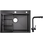 Cecipa - vier 1 bac inox avec panier de drainage - vier de cuisine noir 604518 cm + robinets cuisine ...