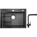 Cecipa - vier 1 bac inox avec panier de drainage - �vier de cuisine noir 60�45�18 cm + robinets cuisine ...