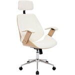 Chaise de bureau � roulettes d�cor bois courb� placage effet ch�ne et simili cuir blanc