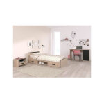 Chambre complete enfant 3 pieces zodiac - lit + chevet + bureau - d�cor chene / noir parisot