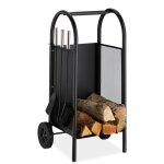 Chariot  bois de chemine serviteur, charrette bches acier, outils de chemine, pelle, balai, tisonnier, ...