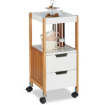 Chariot roulant bambou, mdf, 2 tiroirs, plateau et �tage, console d'appoint, desserte, 69x30x30 cm, blanc ...