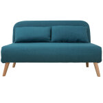 Chauffeuse 2 places convertible en tissu bleu canard et bois clair amiko