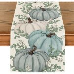 Chemin de table d'automne en eucalyptus � citrouilles bleues, d�coration de table de cuisine saisonni�re, ...