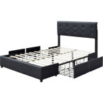 Chloe - solide et confortable lit 140x200 avec sommier avec 4 tiroirs + tete de lit couleur noir + pieds ...