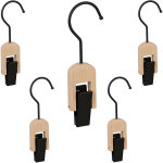 Cintres pinces, lot de 5, caoutchouc, support avec crochet, foulards et bonnets, bois et fer, noir - ...