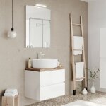 City meuble simple vasque  poser 2 tiroirs blanc et plan chne naturel largeur 60 cm + miroir