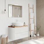 City meuble pour vasque  poser 2 tiroirs blanc avec plan  poser chne naturel l. 80 cm + miroir
