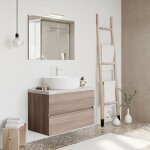 City meuble pour vasque  poser 2 tiroirs chne fum avec plan  poser gris bton l. 80 cm + miroir