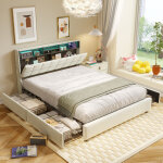 Cjhxe lit double capitonn� 160 x 200 cm, avec 4 tiroirs de rangement et t�te de lit, sommier � lattes, ...
